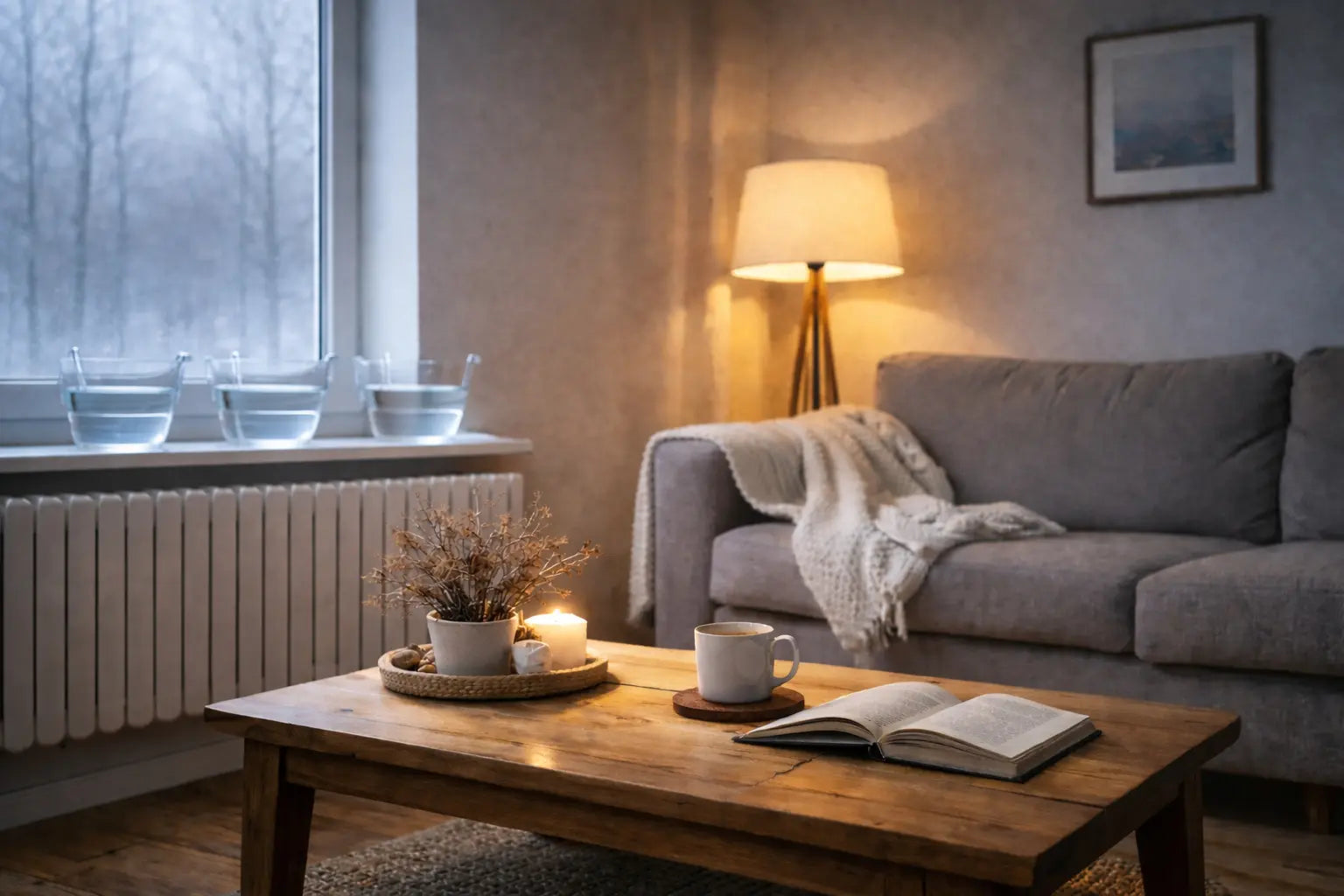 Air trop sec dans une maison en hiver avec radiateur et récipients d’eau pour augmenter l’humidité intérieure