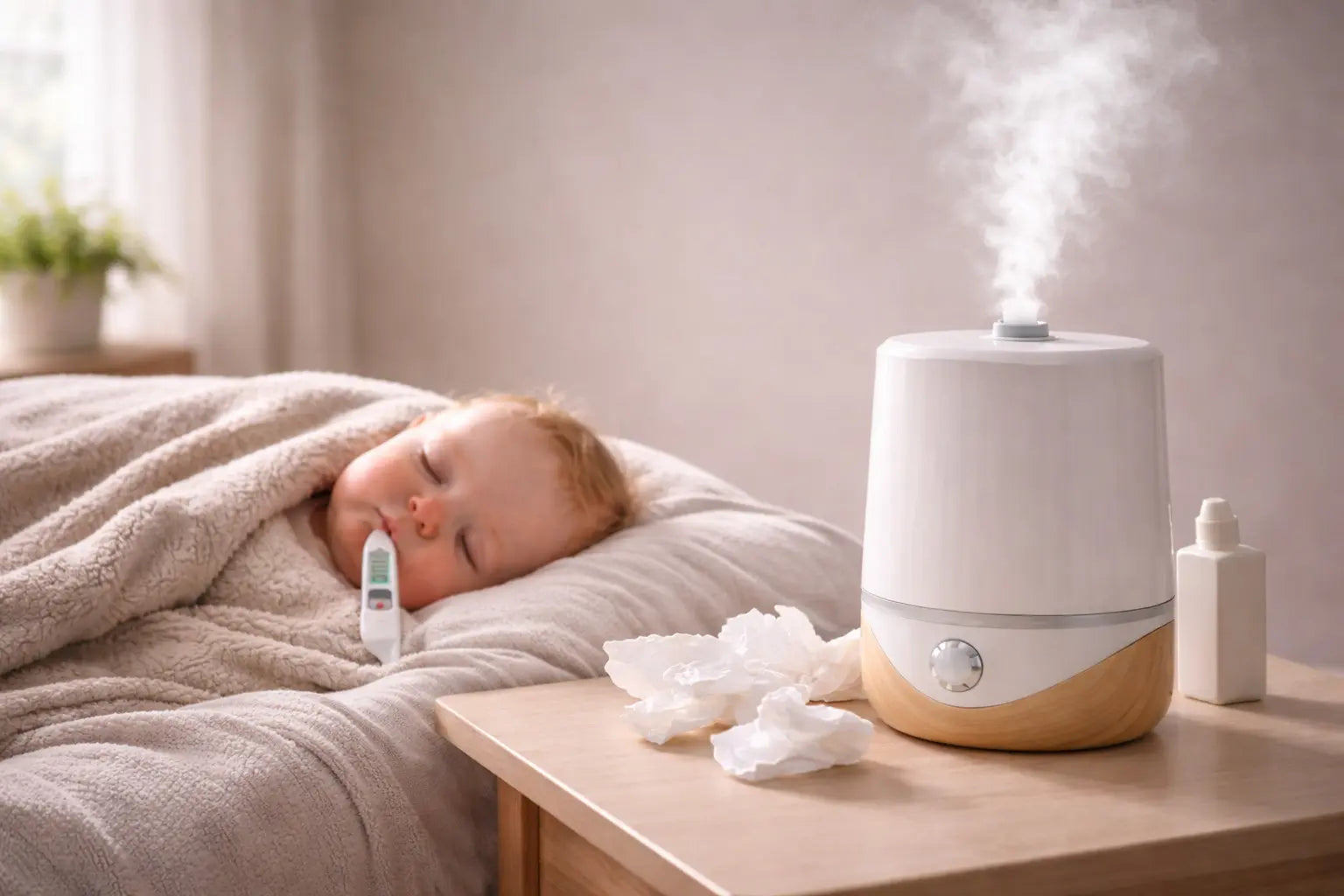 humidificateur d’air dans une chambre de bébé avec humidificateur diffusant de la brume pendant le rhume d’un bébé