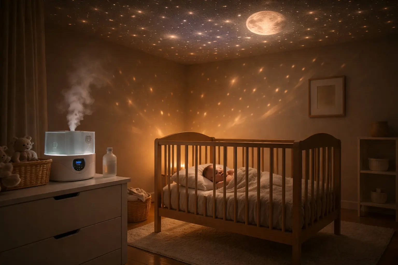 humidificateur d’air dans une chambre de bébé pour maintenir une humidité confortable pendant le sommeil