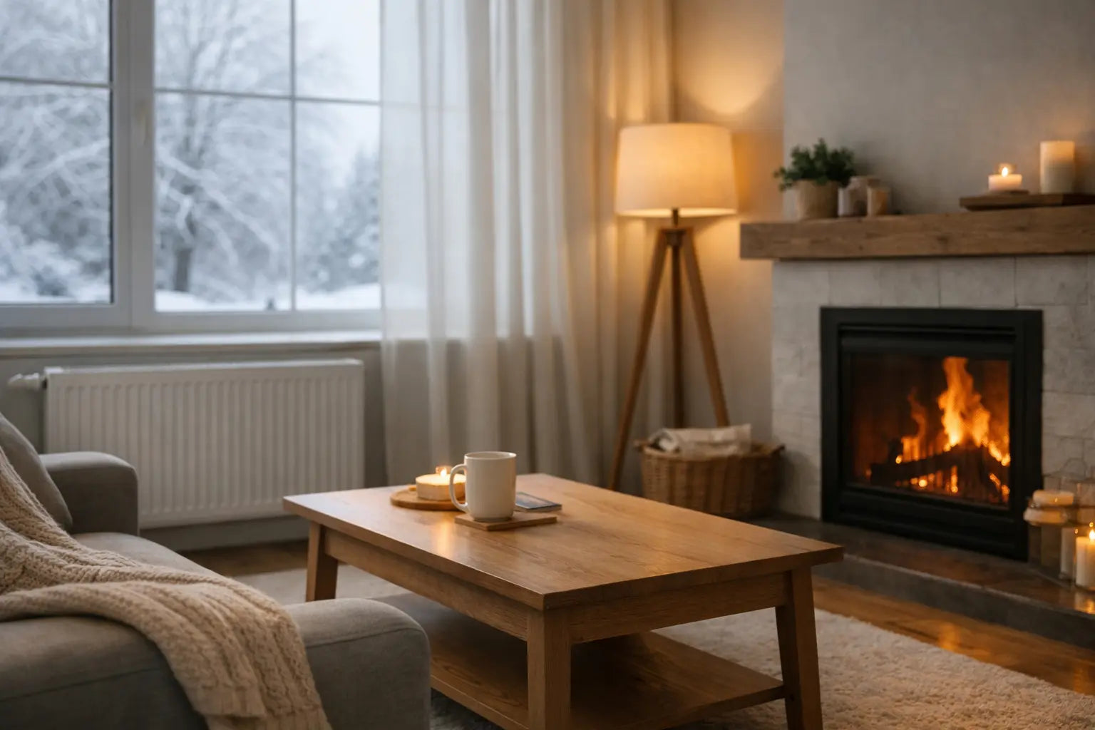 Intérieur de maison en hiver avec chauffage allumé, illustrant une situation où utiliser un humidificateur d’air peut être utile