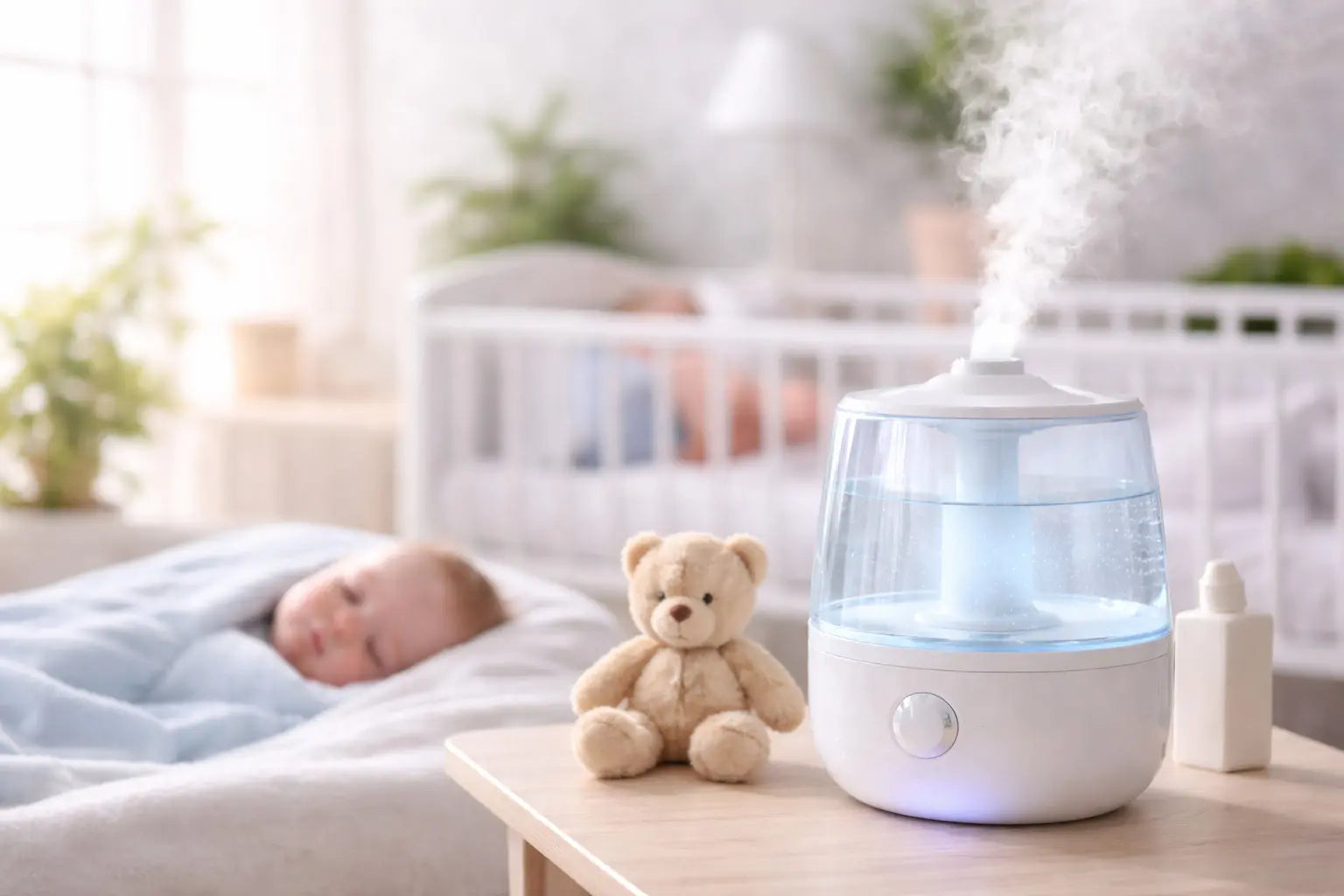 humidificateur d’air dans une chambre de bébé avec humidificateur diffusant de la brume près d’un berceau